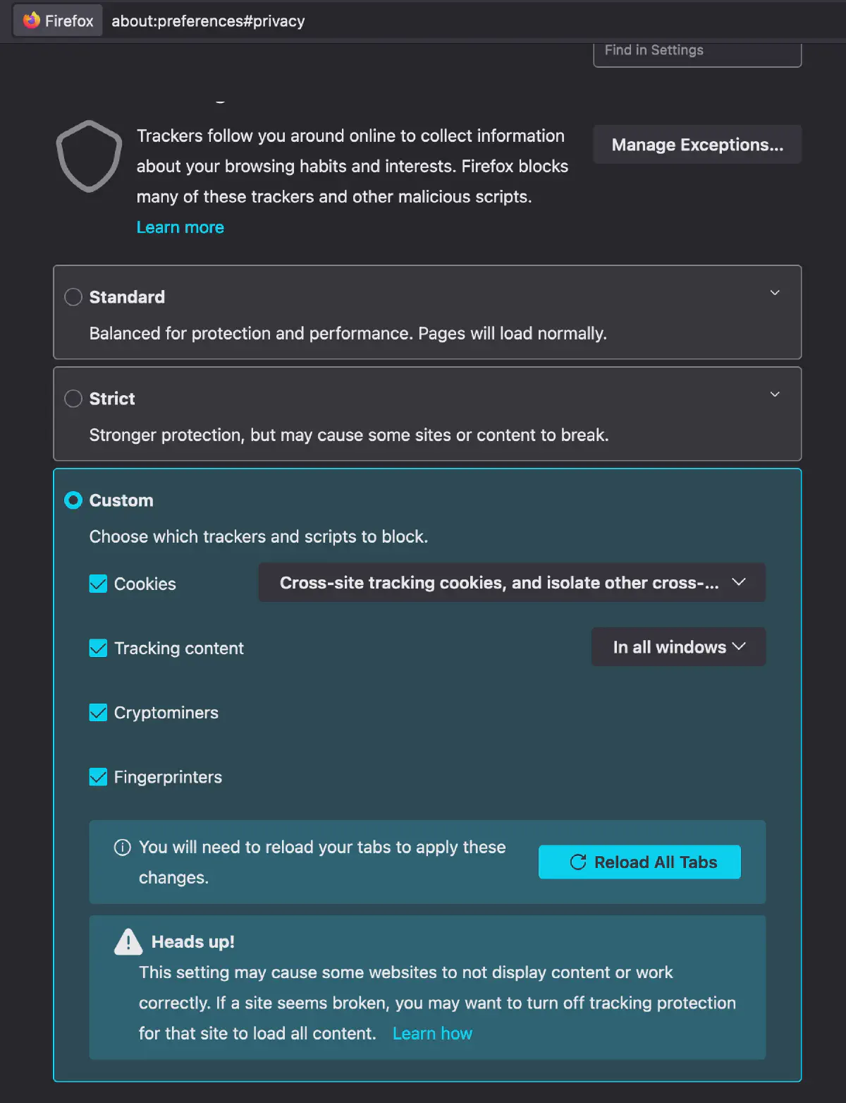 Firefox Privacy & Security settings