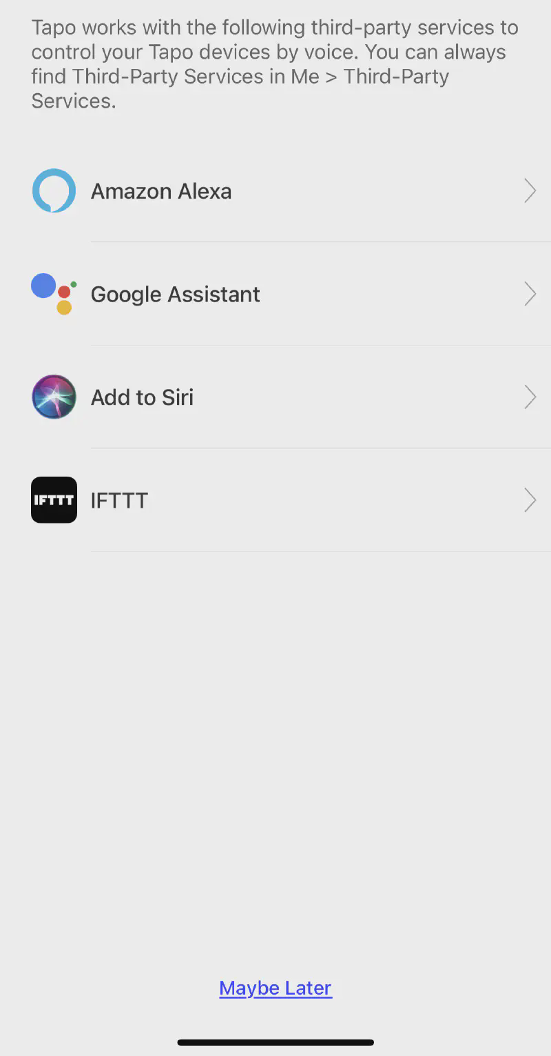 Enabling Tapo integration with 3rd party services such as Alexa, Siri, and Google Assistant