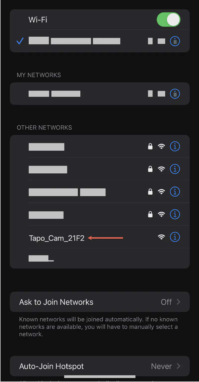 iOS Wi-Fi list with Tapo device