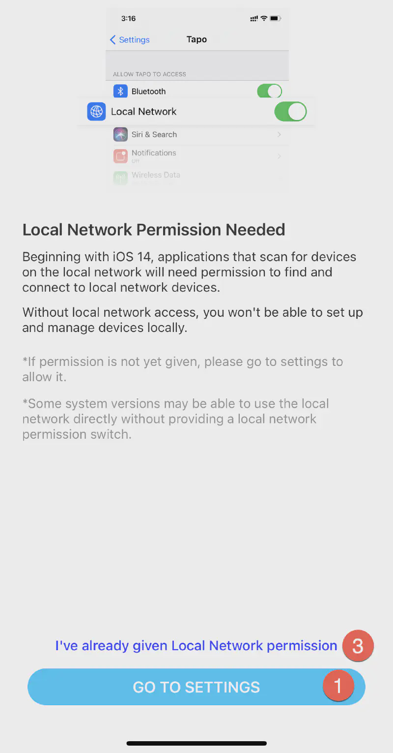 Tapo requesting local network access in Tapo's iOS permissions