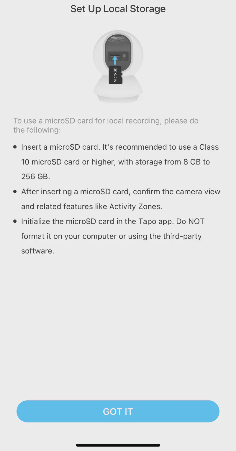 Setting up local storage on the Tapo camera